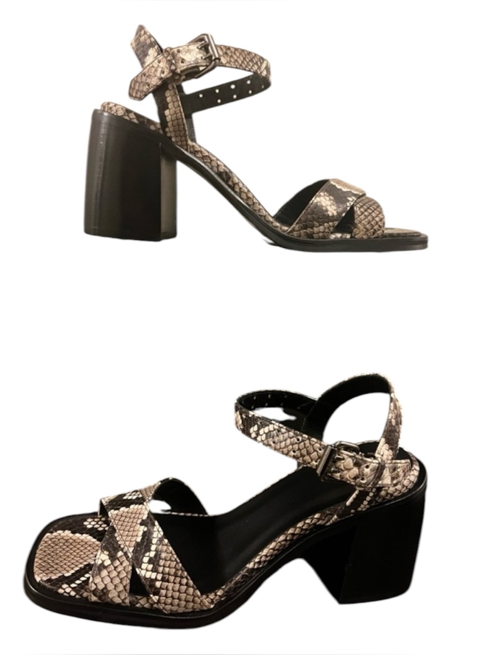 The Kooples Beige and Black Snakeskin Block Heel Sandals women’s 6.5